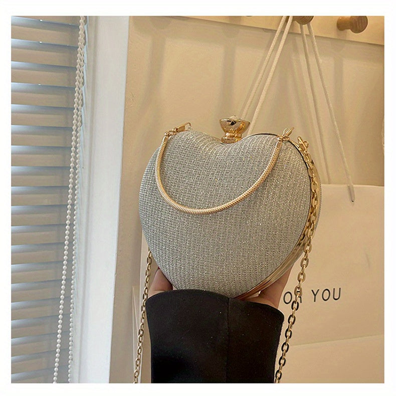 Ladies Fashion Shining Chain Crossbody Bag, Elegant Shoulder Heart Shaped, Metal Embellished, Black, with Buckle Closure, for Party, Wedding, Date